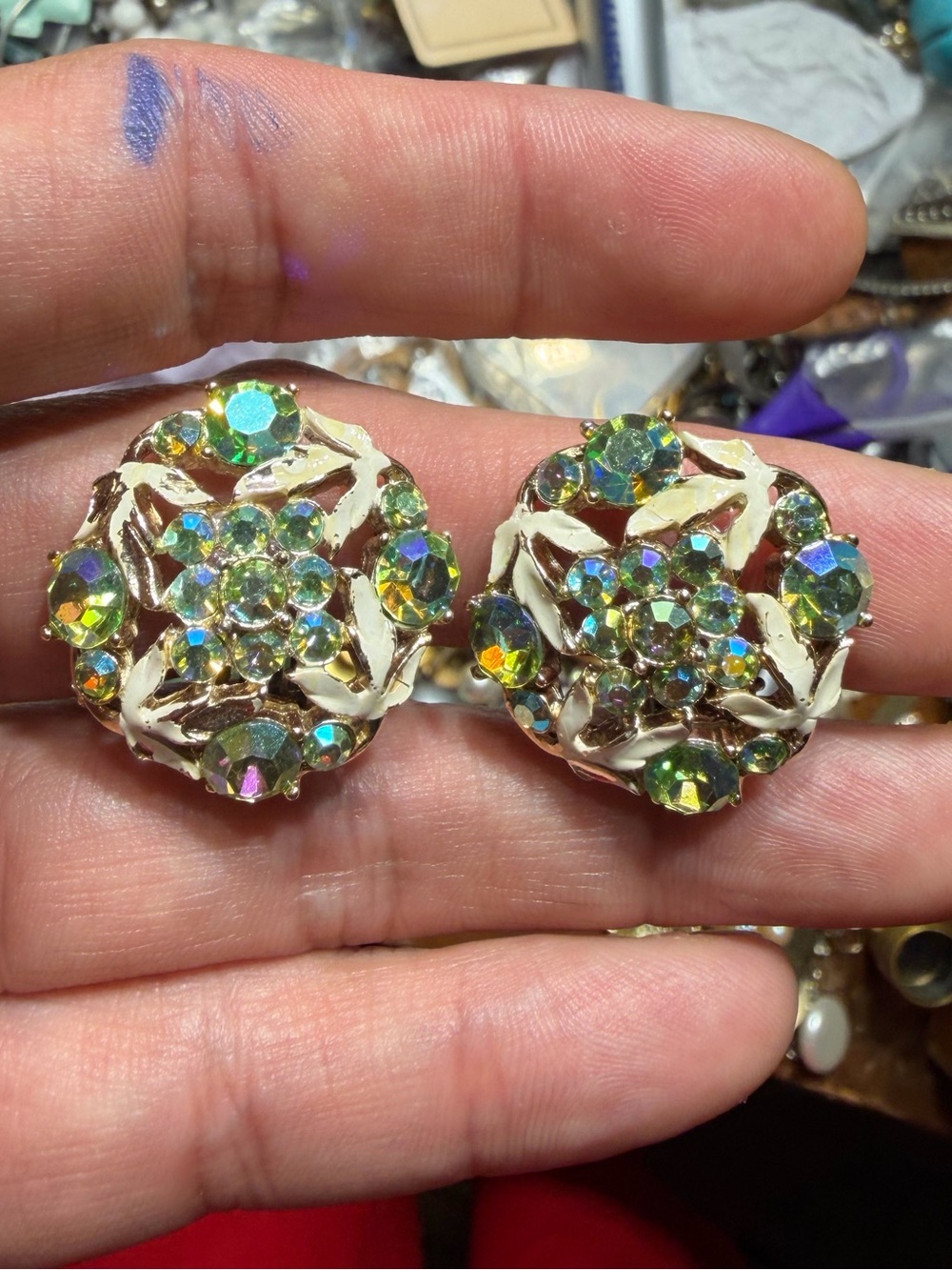 Vintage Gold Tone Aurora Borealis Crystal Cluster Clip-On Earrings